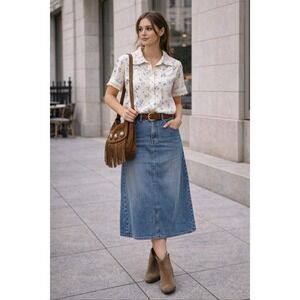 RIHOAS Top Womens M Cream Blue Floral Lace Trim Cottagecore Boho Romantic Y2K